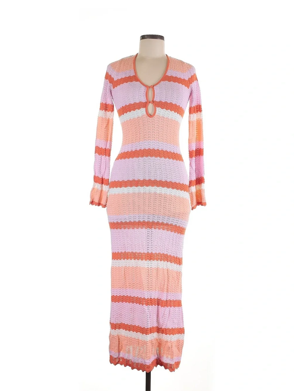 Striped Coral, Pink & White Maxi Knit Dress with Keyhole Detail